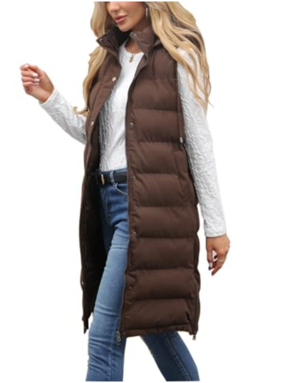 Women's Long Puffer Vest Sleeveless Zip Up Hooded Jacket